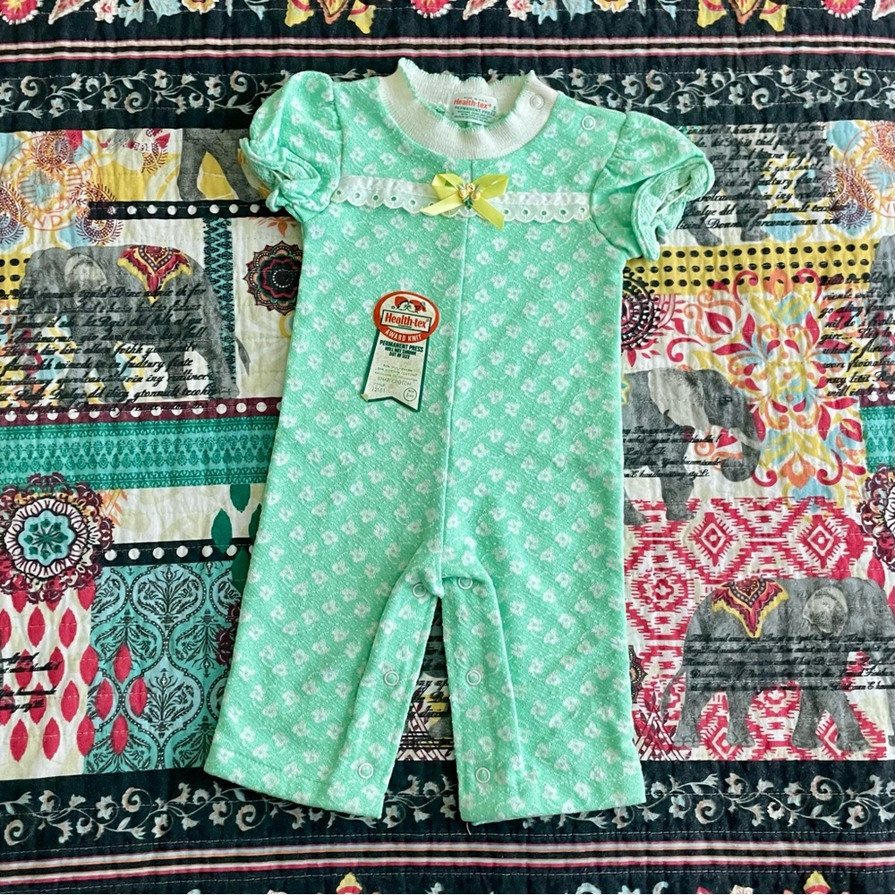 NWT Deadstock Vintage Healthtex Green & White Floral Pattern Pants Romper 6M